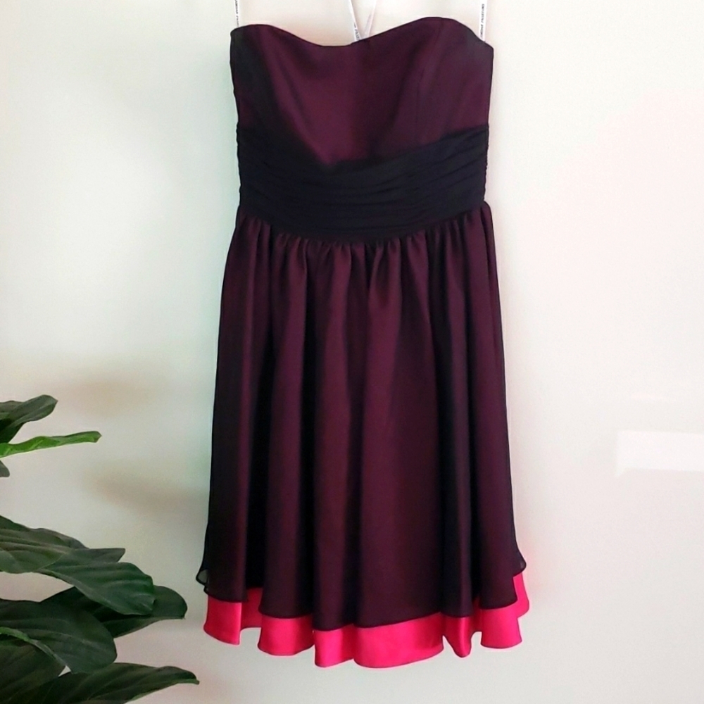 Jordan special occasion dress, midi, pink and black, sweetheart neck, strapless